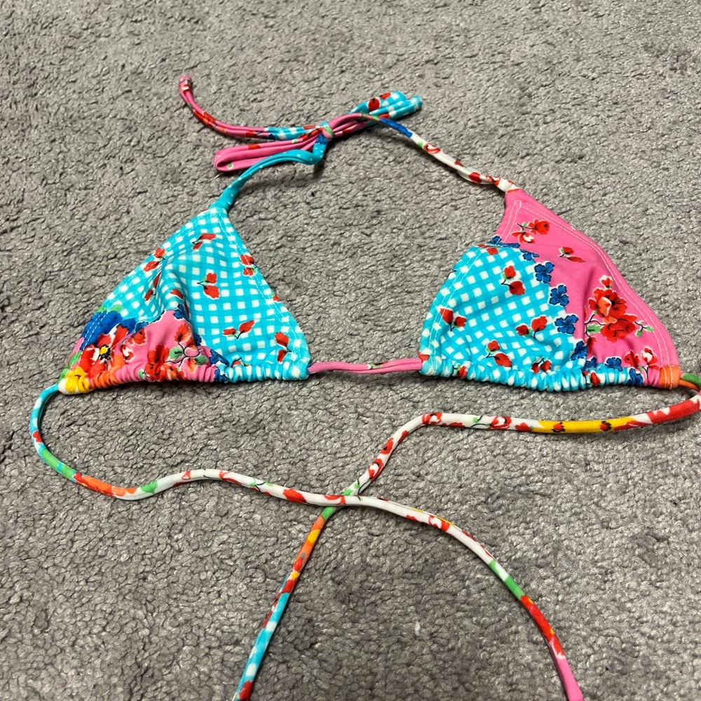 Bright Floral Patchwork Triangle Bikini Top - Turquoise & Pink